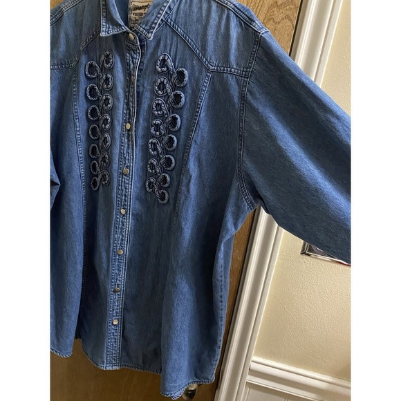 WRANGLER Vintage Western Wear for Women Blue Denim Ruffle Long Sleeve Cotton  L - Picture 6 of 13